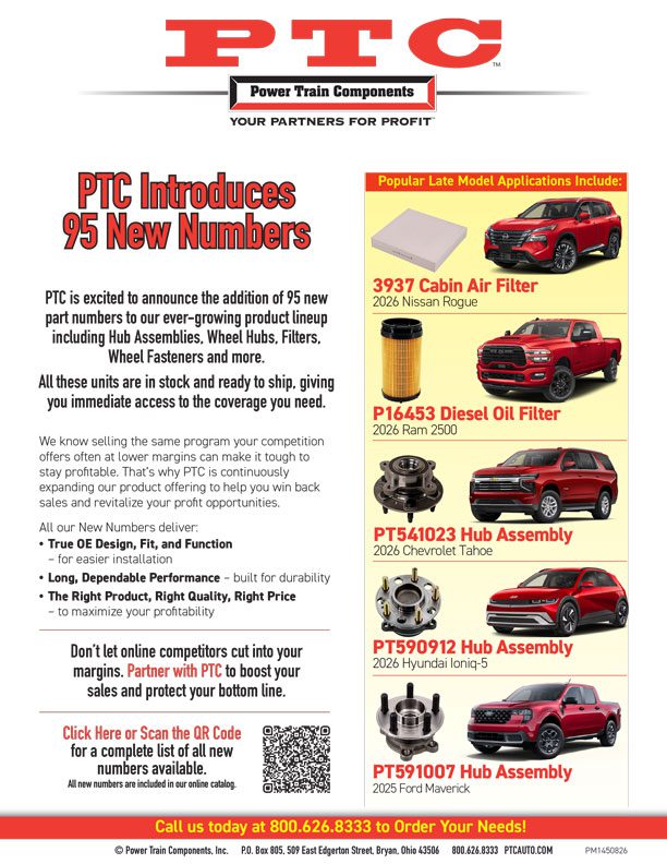 PTC announces 95 new part numbers for Hub Assemblies, Wheel Hubs, Filters, Wheel Fasteners and more